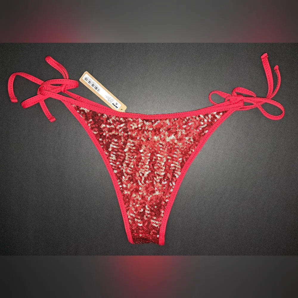 💕NWT SKIMS Swim Bikini Bar Tie Bottoms Swimsuit Swim Suit Red Sequin BRICK S